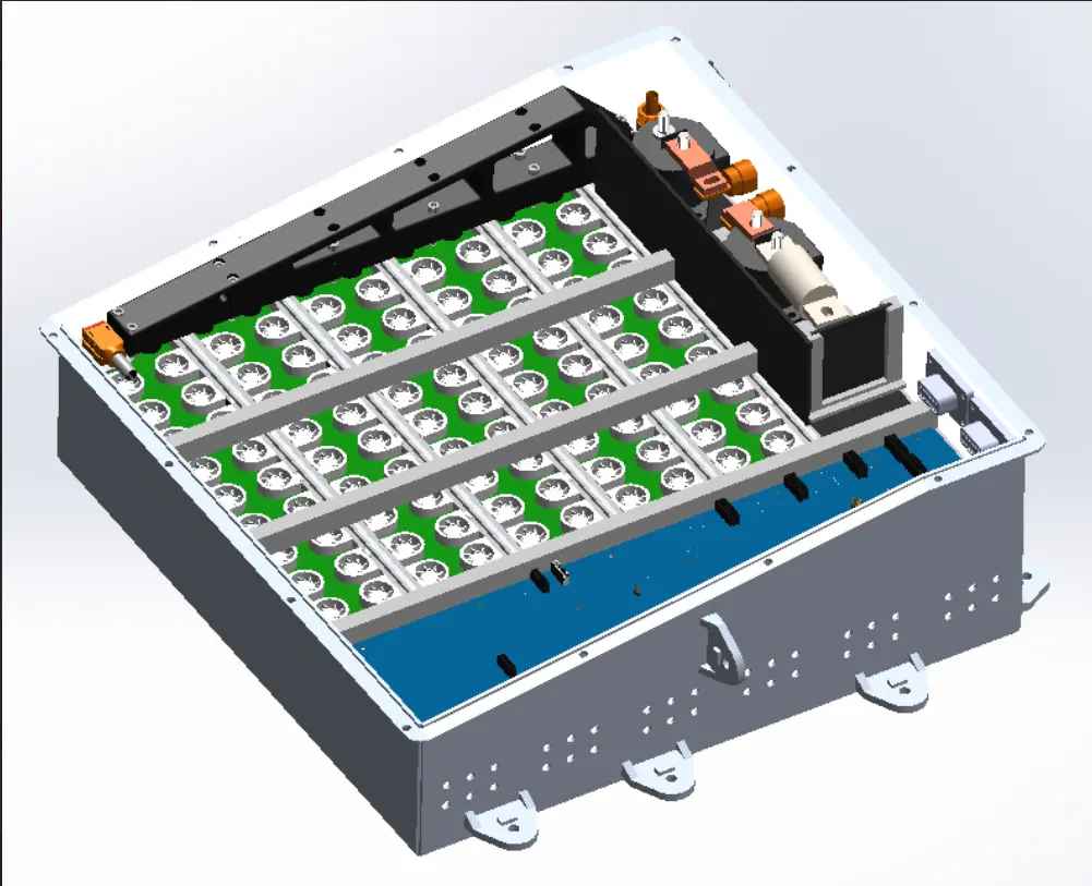CAD section view of the accumulator's internal electrical and mechanical packaging