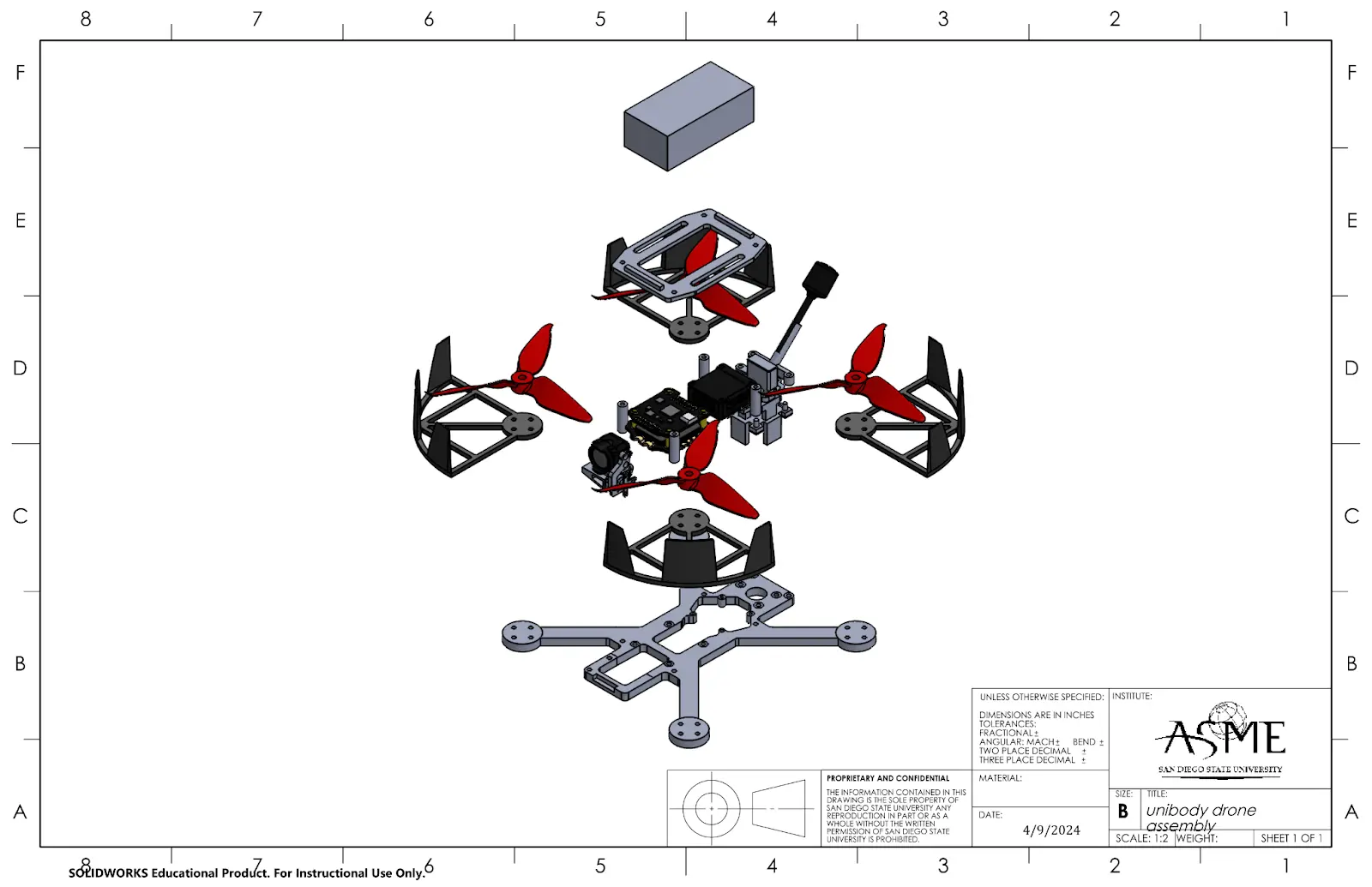 Exploded CAD assembly of the IAM3D drone and payload system