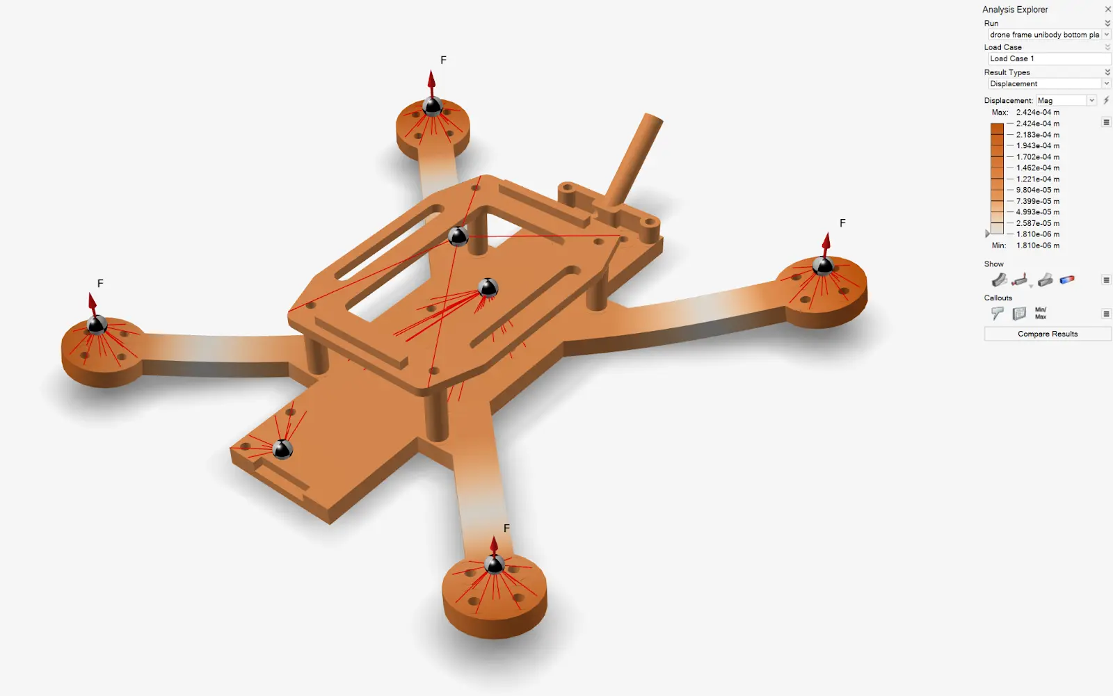 Drone-frame topology-optimization design space, fixtures, and motor loading