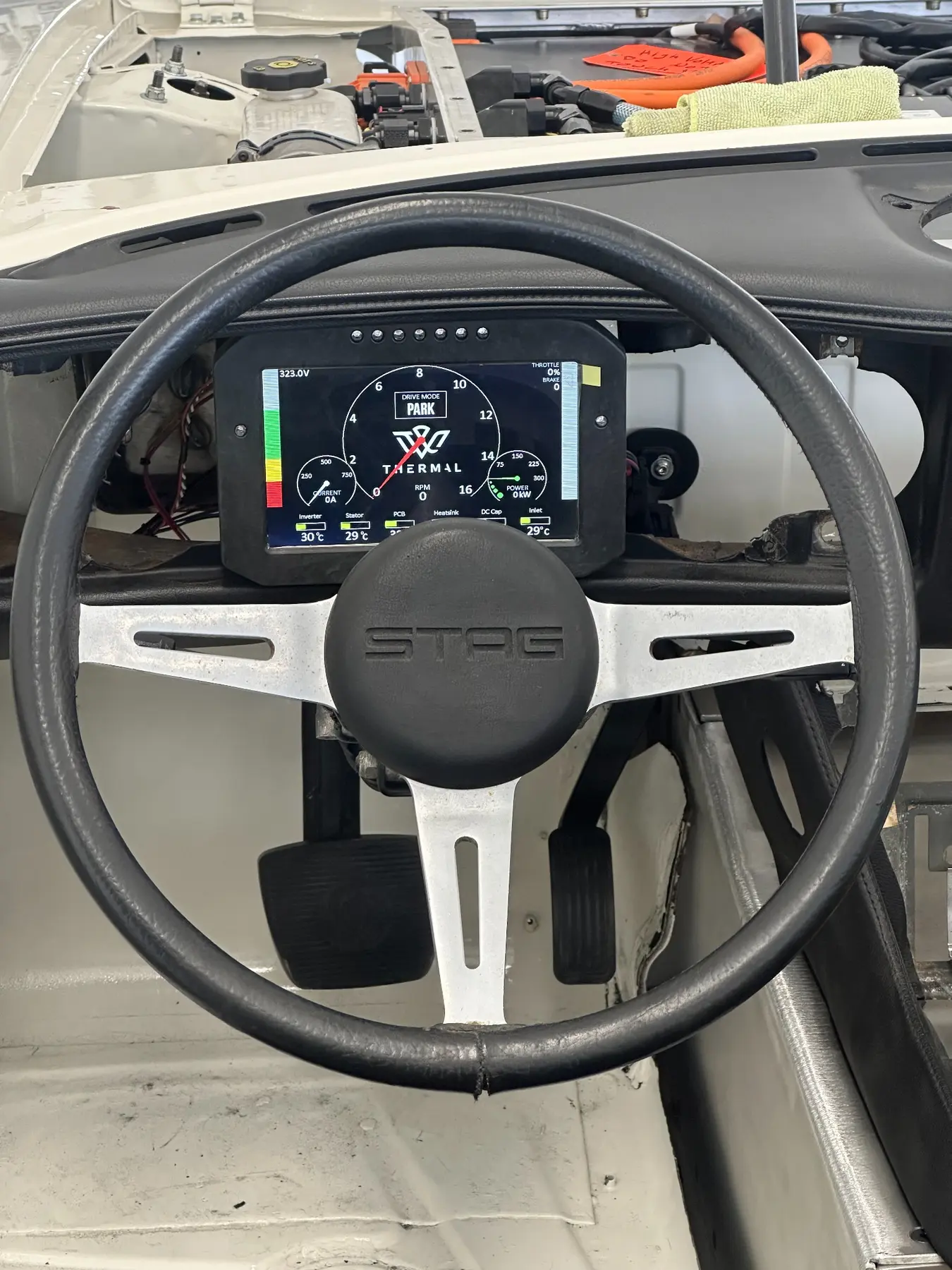 Final digital dash installed behind the Triumph Stag steering wheel