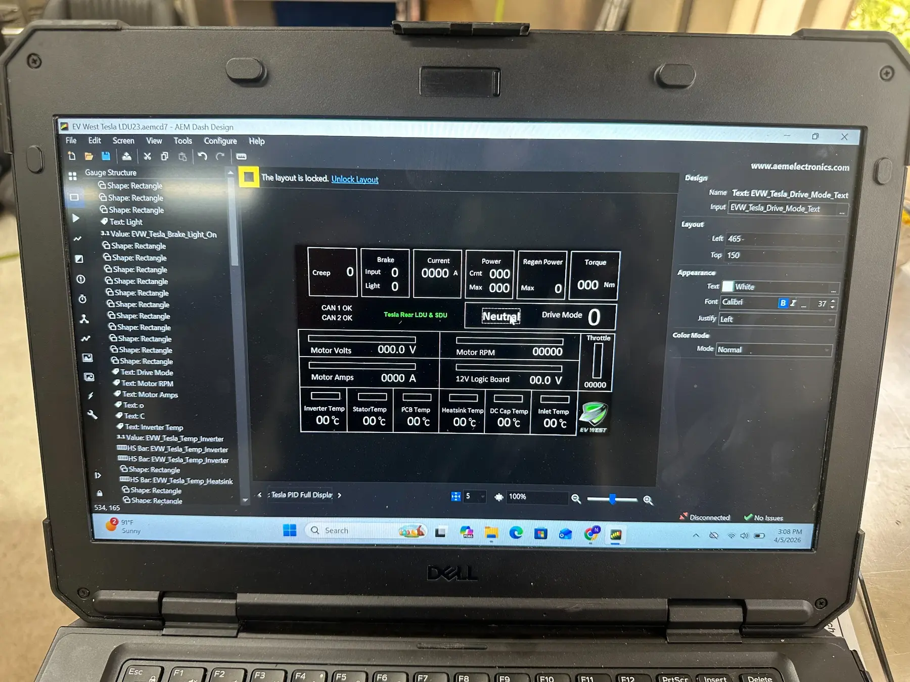 AEM dash-layout software showing configured telemetry fields